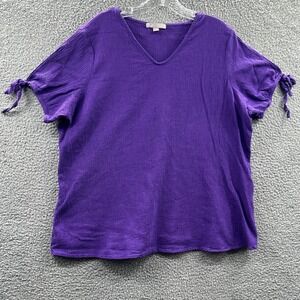 Womens Plus Size Blouse 18/20W Purple Crinkle Knit Cold Shoulder Tie Sleeve Top